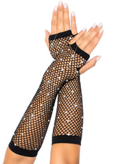 Rhinestone Fishnet Arm Warmers Black Fingerless Gloves Black > Clothes > Accessories